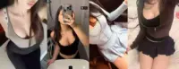 Collage of a woman in four outfits: gray low-cut tank, black bralette, light zip-front top, and black zip hoodie with a short skirt.