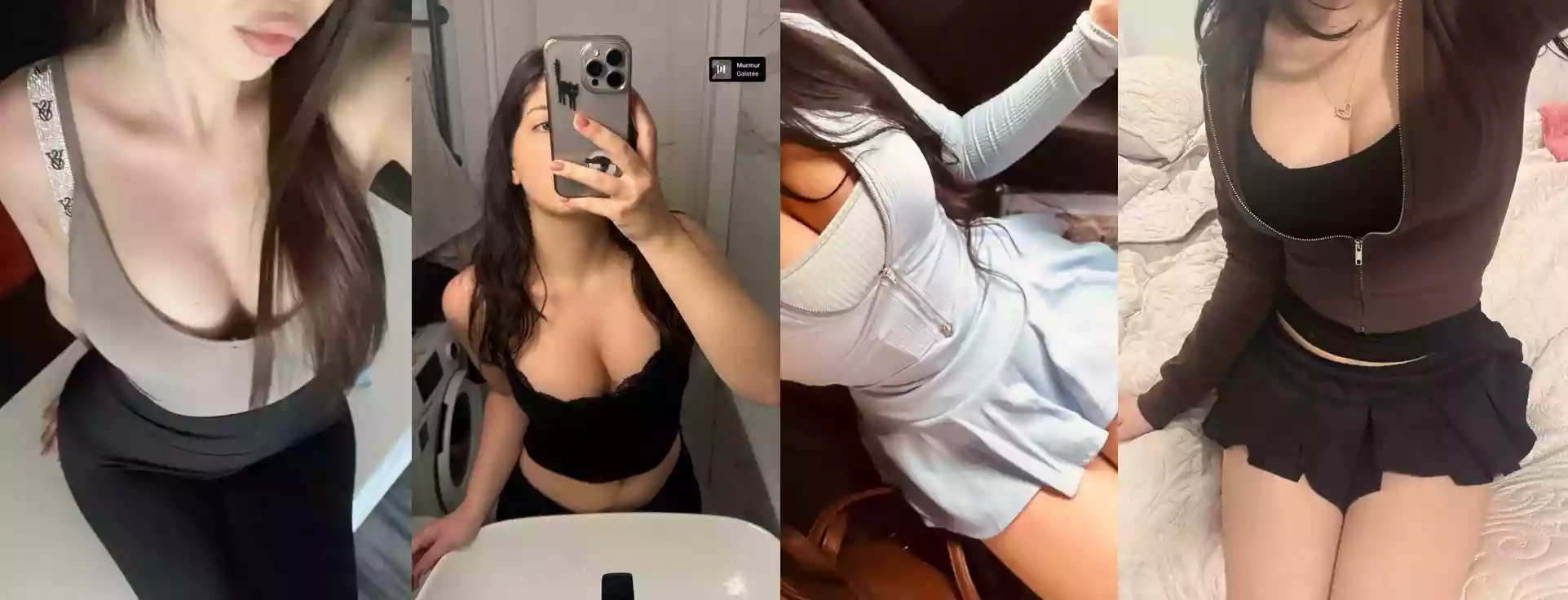 Collage of a woman in four outfits: gray low-cut tank, black bralette, light zip-front top, and black zip hoodie with a short skirt.